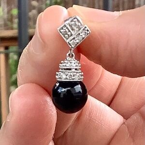 ⚫️ Beautiful 925 Sterling Silver Round Onyx and Cz Dangling Earrings